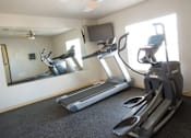 Thumbnail 11 of 21 - A room with a treadmill, a stationary bike, and a mirror.