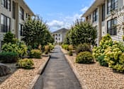 Thumbnail 2 of 39 - A long, narrow pathway separates two rows of apartment buildings.