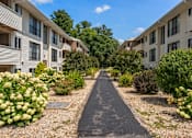 Thumbnail 35 of 39 - A long, narrow pathway separates two rows of apartment buildings.
