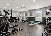 Thumbnail 27 of 39 - A spacious gym with a variety of equipment including treadmills, weights, and a bench.