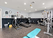 Thumbnail 28 of 39 - A gym with a variety of equipment including a treadmill, weights, and a bench.