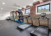 Thumbnail 17 of 29 - A gym with treadmills, weights, and exercise equipment.