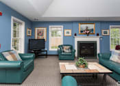 Thumbnail 3 of 23 - A living room with a fireplace and a television.