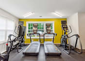 Thumbnail 10 of 19 - Community Fitness Center with treadmill and exercise bikes  at Station Pointe Apartments, Mansfield, MA, 02048two treadmills and weights in a gym with a window