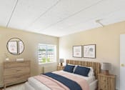 Thumbnail 3 of 15 - A bedroom with a bed, nightstand, and two framed pictures on the wall at Edmands House, Massachusetts, 01701