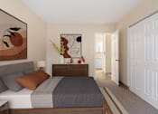 Thumbnail 8 of 16 - a bedroom with a bed and a dresser and a door to a bathroom at Blue Hills Village, Canton, 02021