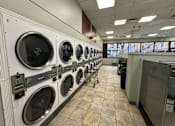 Thumbnail 5 of 8 - A row of front-loading washing machines in a public laundromat.
