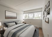 Thumbnail 6 of 15 - Modern bedroom with gallery wall and natural light at Baystate Place Apartments, Springfield, 1104