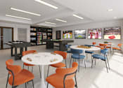 Thumbnail 8 of 15 - A room with a white table surrounded by orange chairs.