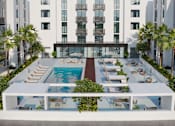 Thumbnail 5 of 15 - A pool surrounded by palm trees and loungers.