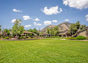 Thumbnail 18 of 34 - A large grassy field with a mountain in the background and apartments on the right side.