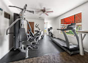 Thumbnail 16 of 16 - A fitness center with a treadmill, elliptical trainer, and stationary bike.