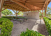 Thumbnail 2 of 16 - A covered patio with a table and chairs.