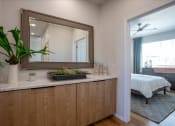 Thumbnail 23 of 32 - a bedroom with a large mirror and a plant on a counter