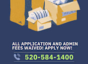 Thumbnail 36 of 36 - A poster advertising a promotion for waived application and admin fees with a phone number to call.