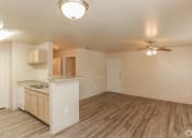 Thumbnail 7 of 9 - an empty living room with a kitchen and a ceiling fan