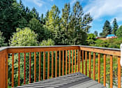 Thumbnail 11 of 48 - A wooden deck leads to a lush green forest.