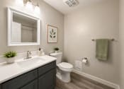 Thumbnail 5 of 11 - A bathroom with a white toilet, a sink, and a mirror.