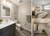 Thumbnail 10 of 11 - A bathroom with a toilet, sink, and a bedroom with a bed.