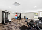 Thumbnail 3 of 17 - A well-equipped home gym with a treadmill, exercise ball, and weight rack.