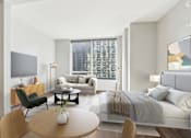 Thumbnail 4 of 26 - A modern bedroom with a large bed and a television.