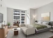 Thumbnail 7 of 26 - A modern bedroom with a large bed, a television, and a view of the city.
