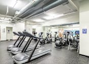 Thumbnail 16 of 25 - A gym with treadmills, exercise bikes and other equipment.