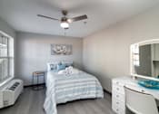 Thumbnail 12 of 22 - a bedroom with a bed and a ceiling fan
