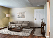 Thumbnail 1 of 25 - A living room with a grey couch and a coffee table.