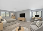 Thumbnail 26 of 54 - A modern living room with a grey sofa, a wooden coffee table, and a television.