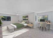 Thumbnail 4 of 54 - A bedroom with a bed, desk, and chair.