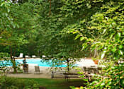 Thumbnail 11 of 25 - A pool surrounded by green trees and bushes.