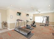Thumbnail 29 of 33 - A home gym with a treadmill, exercise bike, and other equipment at A62 Apartments, Indianapolis, IN 46220