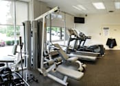 Thumbnail 9 of 25 - A gym with a variety of equipment including treadmills, weight machines, and free weights.