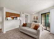 Thumbnail 7 of 37 - A living room with a grey couch and a brown pillow.