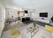 Thumbnail 6 of 27 - A living room with a white couch, a coffee table, and a television.