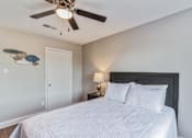 Thumbnail 17 of 19 - A bedroom with a bed, nightstand, and a ceiling fan.