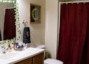 Thumbnail 1 of 18 - A bathroom with a toilet, sink, and shower curtain.