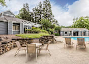 Thumbnail 6 of 25 - A backyard with a pool and patio furniture.