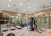 Thumbnail 15 of 39 - A gym with a variety of equipment including treadmills, a punching bag, and a weight machine.