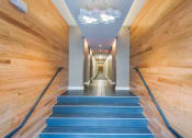 Thumbnail 3 of 13 - a view down a long hallway with blue stairs and wood walls