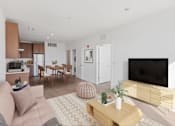 Thumbnail 14 of 66 - A living room with a pink couch and a wooden coffee table.