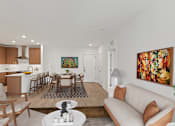 Thumbnail 36 of 66 - A modern living room with a white couch and a painting on the wall.
