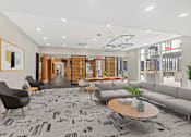 Thumbnail 58 of 66 - A modern office lobby with a black and white patterned carpet.