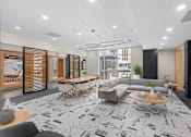 Thumbnail 57 of 66 - A modern living room with a patterned carpet and a variety of seating options.