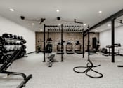 Thumbnail 15 of 30 - A gym with a variety of equipment including weights and a bench.
