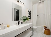Thumbnail 24 of 30 - A white bathroom with a sink, mirror, toilet, and a plant at Vintage Edge Nashville Apartments, Nashville, TN