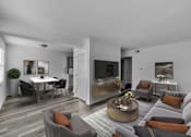 Thumbnail 5 of 15 - A modern living room with a grey sofa, a coffee table, and a dining table set up.