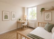 Thumbnail 10 of 16 - A cozy bedroom with a bed, desk, and chair.
