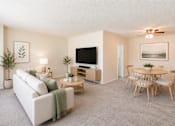 Thumbnail 5 of 16 - A living room with a white couch, a wooden coffee table, and a television.